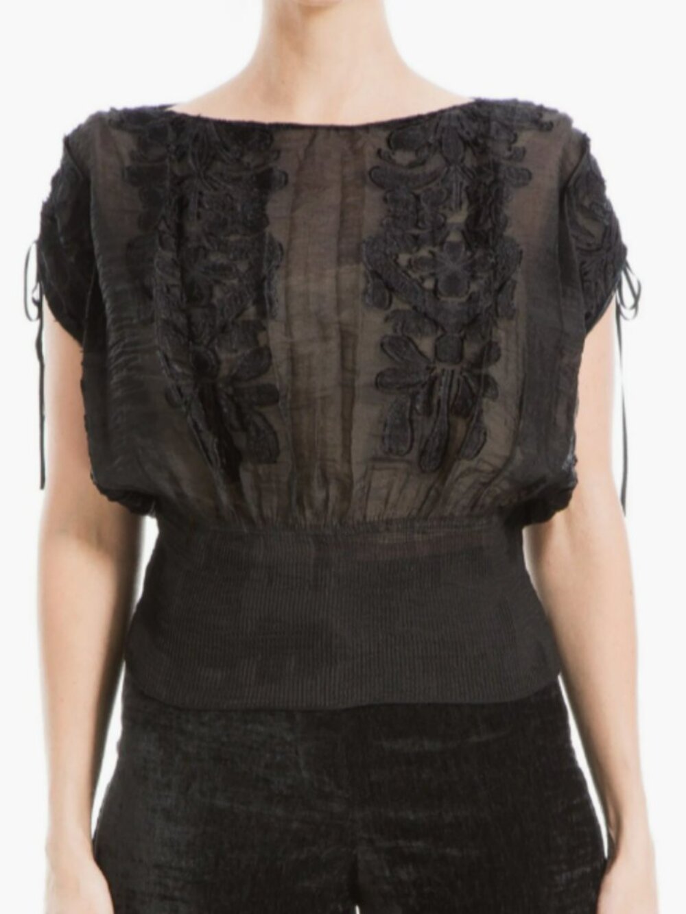 MAX STUDIO Floral Jacquard Tie Shoulder Top Black Nude size small